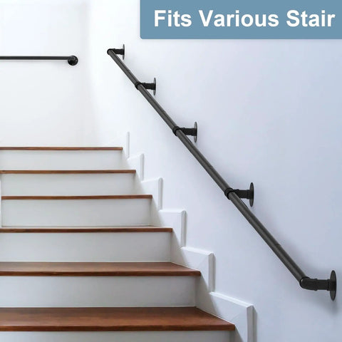 14 Ft Heavy Duty Pipe Stair Handrail Built Like A Tank Black Metal Railing With Powder Coat Finish For Indoor Outdoor Corner Steps Lofts And Balconies No Sweat Install mounted on white stairs.
