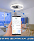 Bladeless Ceiling Fan With Lights And Remote Control 6 Speeds 3 Color Modes shown controlled by smartphone app in living room
