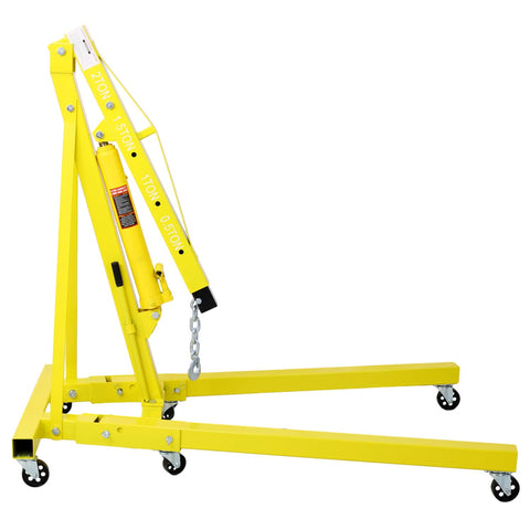 Heavy Duty 2 Ton Folding Engine Hoist And Shop Crane Cherry Picker with yellow frame and swivel caster wheels.