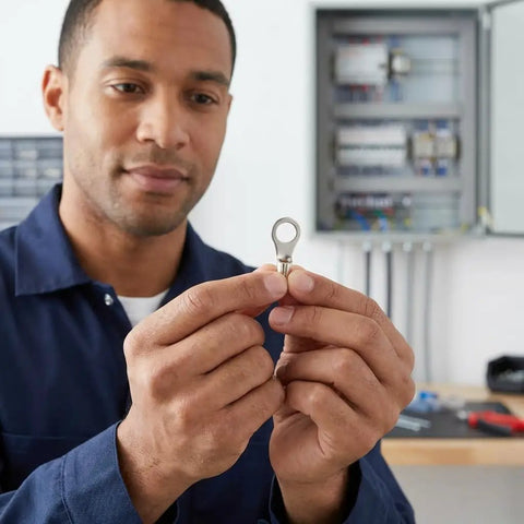 Man examining High Temp Ring Terminals 12 To 10 Wire Size Number 10 Stud Nickel Plated Steel Heavy Duty Electrical Connectors