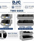 Dang Tough Heavy Duty Stackable Storage Bins In Bold Red With Side Connect Hooks For Garage Workshop Tool Organization Durable Polypropylene Totes That Crush Clutter And Hold Equipment Rock Solid, showing two sizes and stackable feature.