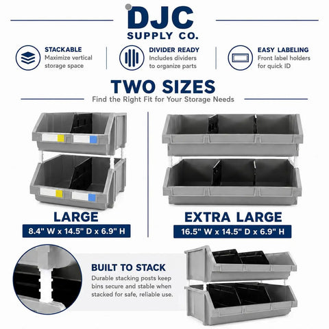 Dang Tough Heavy Duty Stackable Storage Bins In Bold Red With Side Connect Hooks For Garage Workshop Tool Organization Durable Polypropylene Totes That Crush Clutter And Hold Equipment Rock Solid, showing two sizes and stackable feature.