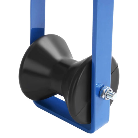 Close-up of 3-inch blue and black cable roller from 4 Pack Universal Cable Roller 3 Inch Diameter For Fiber Optic And Aerial Cables Workhorse Tool In Steel And Plastic Powder Coated Blue Built To Take On Tough Jobs At The Job Site