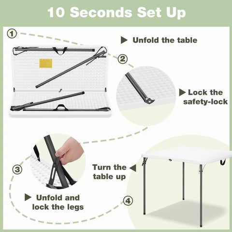 Infographic showing setup for 34 Inch Square Folding Table For Four With 330 Lbs Capacity Built Tough HDPE Top And Heavy Duty Steel Legs