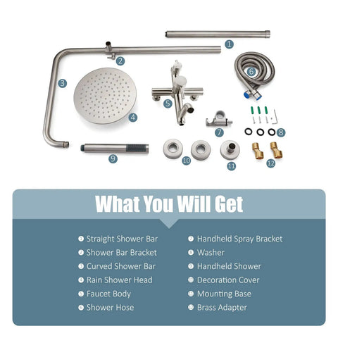 Outdoor Shower Faucet With 8 Inch Rainfall Shower Head Stainless Steel SUS304 All Metal Set components layout