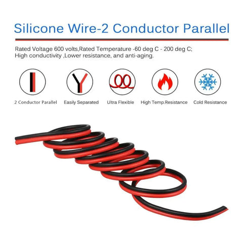 8 Gauge 2 Conductor Parallel Silicone Wire Red Black Ultra Flexible Extension Cable For LED Strip 20 Ft Spool with icons