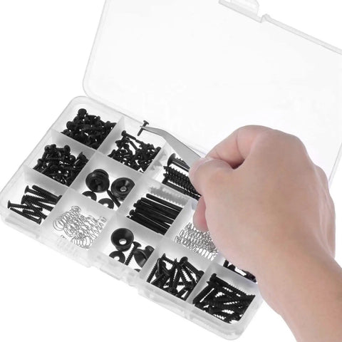 Heavy Duty 254 Piece Guitar Screw Kit With All Stainless Steel Fasteners For Strat Tele And Gibson Axe, organized in a clear storage box.