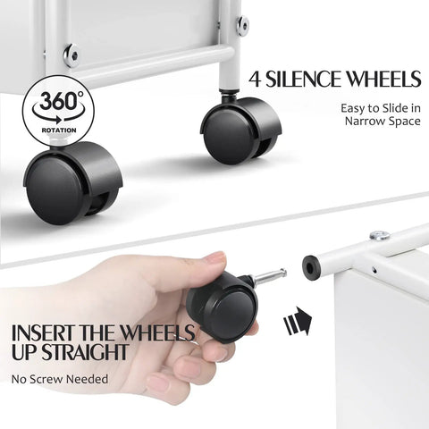 Slim 4 Tier Metal Rolling Cart With Wheels Space Saver For Narrow Spaces, showing 360° wheels and installation process in white.