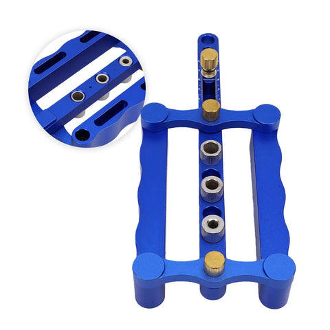Adjustable Dowel Jig Kit Featuring Self Centering Guide For Dead Straight Drill Lines, blue aluminum tool for precise joinery.