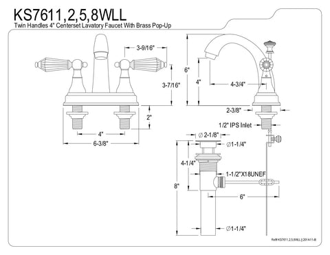 Technical drawing of 4 Inch Centerset Bathroom Faucet In Polished Chrome With Drip Free Ceramic Cartridge Crystal Lever Handle 1.2 GPM At 60 PSI Brass Construction Modern Classic Look For Your Bath