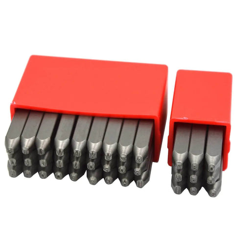 36 Piece Heavy Duty Steel Stamp Set With Uppercase Letters And Numbers 2mm Punch Kit in red storage cases, ideal for metal crafts