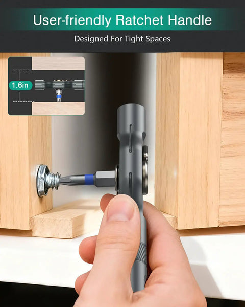 Using Magnetic Ratchet Screwdriver Set in tight space on furniture, ultra credit card sized with flexible T handle and 8 S2 steel bits