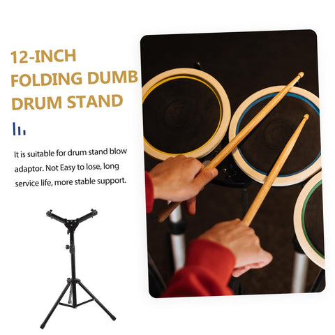 Slick Black Tripod Drum Stand With Heavy Duty Snare Rack And Practice Pad Holder Featuring Adjustable Heights, shown in use with practice pads.