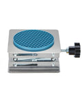 Lab scissor jack stand, 4x4 in, stainless steel base with blue hex-grid top, adjustable height knob.