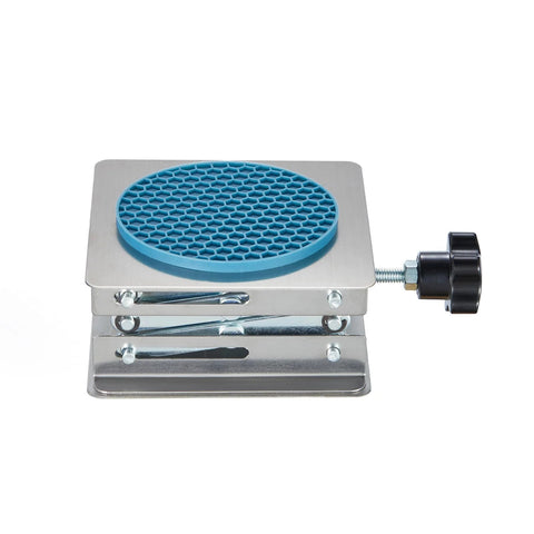 Lab scissor jack stand, 4x4 in, stainless steel base with blue hex-grid top, adjustable height knob.