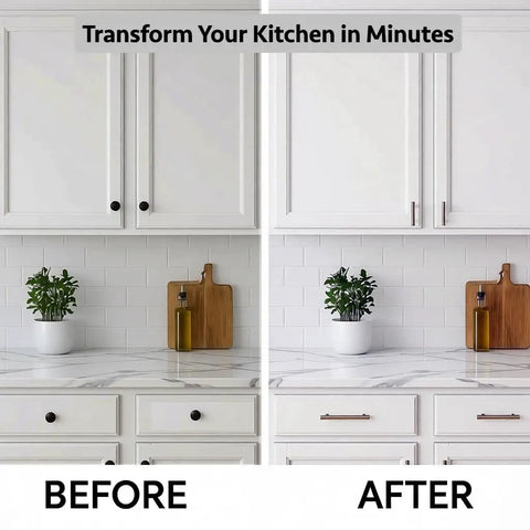 Before and after kitchen transformation showcasing Top Shelf Solid Stainless Steel Euro Bar Cabinet Handles And Drawer Pulls Featuring Sleek Marble Finish.
