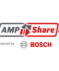 AMP Share logo for Bosch batteries, showcasing compatibility with various power tools.