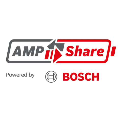 AMP Share logo for Bosch batteries, showcasing compatibility with various power tools.