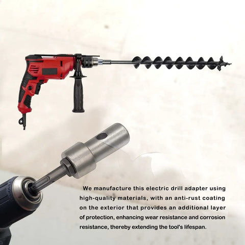 Round Shank Garden Auger Drill Adapter For SDS Plus And SDS Rotary Hammer Drills attached to red power drill