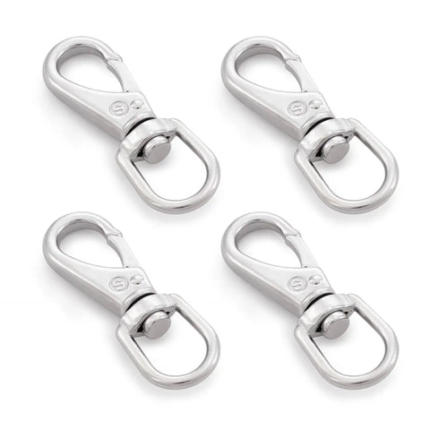 Heavy Duty Stainless Steel Flag Clips For Flagpole Rope 4 Pack 3.5 Inch Swivel Snap Hooks, showing four shiny clips.