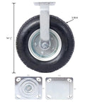 Four Pack Of Black Pneumatic Caster Wheels Combining 12 Inch Ribbed Tires And Precision Ball Bearings For Heavy Duty Swivel Rigid Applications That Handle Rough Floors Like A Total Champ showing 12 inch tire and steel hub dimension.