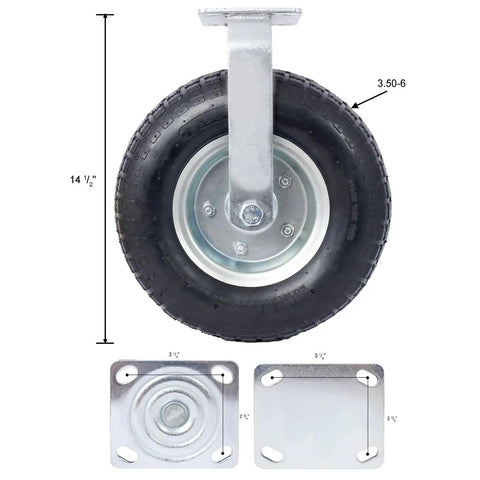 Four Pack Of Black Pneumatic Caster Wheels Combining 12 Inch Ribbed Tires And Precision Ball Bearings For Heavy Duty Swivel Rigid Applications That Handle Rough Floors Like A Total Champ showing 12 inch tire and steel hub dimension.