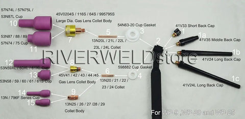 Assorted TIG Collet Bodies And Extra Long Ceramic Nozzle Cups Set For SR WP 9 20 25 TIG Welding Torch 796F Series