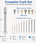 Pro Grade Pin Vise Hand Drill Set With Stainless Steel Pin Vise, 10 Drill Bits From 0.8mm To 3mm, 600 Multi Color Eye Hooks For Jewelry Making Resin Casting And DIY Crafts, shown with bits and hooks