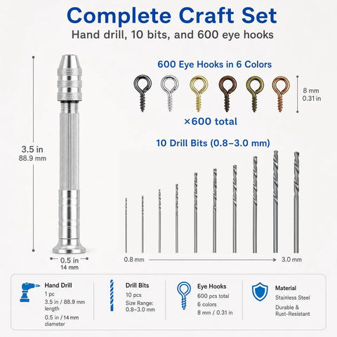 Pro Grade Pin Vise Hand Drill Set With Stainless Steel Pin Vise, 10 Drill Bits From 0.8mm To 3mm, 600 Multi Color Eye Hooks For Jewelry Making Resin Casting And DIY Crafts, shown with bits and hooks