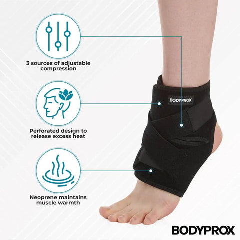 Breathable Neoprene Open Heel Ankle Support Brace With Adjustable Wrap For Pain Relief and Injury Prevention, shown on foot.