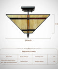14 Inch Tiffany Style Stained Glass Mission Flush Mount Ceiling Light 2 Light Antique Lamp For Living Room Hallway Kitchen Entryway Hardwired E26 LED CFL Compatible, 14x11 dimensions with blackish bronze finish.
