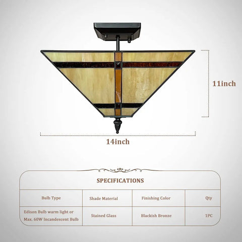 14 Inch Tiffany Style Stained Glass Mission Flush Mount Ceiling Light 2 Light Antique Lamp For Living Room Hallway Kitchen Entryway Hardwired E26 LED CFL Compatible, 14x11 dimensions with blackish bronze finish.