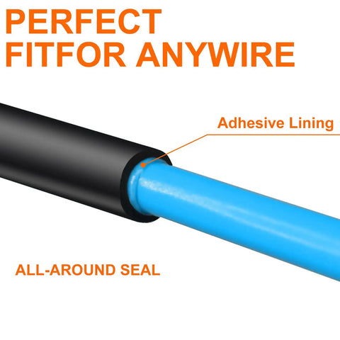 Top Tier 1/2 Inch Heat Shrink Tubing 13 Foot Roll Dual Wall Adhesive Lined Waterproof Wire Wrap Cover showing adhesive lining sealing a blue wire.