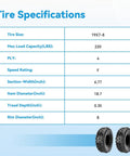 Specifications for 19x7-8 Mini Bike Tires Replacement Set Of 2 For ATVs Go Karts UTVs And Quad Bikes, with tire dimensions and features.