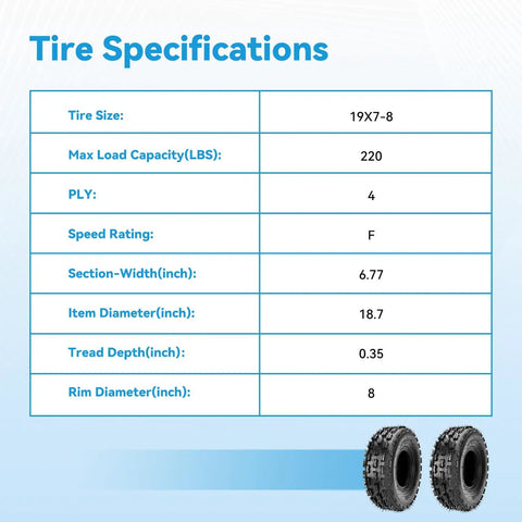 Specifications for 19x7-8 Mini Bike Tires Replacement Set Of 2 For ATVs Go Karts UTVs And Quad Bikes, with tire dimensions and features.