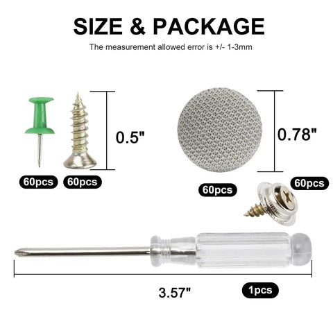 60 Piece Universal Car Roof Headliner Repair Kit With Installation Tool Includes Snap Rivets Retainers For All Cars Grey Grid Interior Ceiling Fix And Durable Easy DIY Fit, showing screwdriver, push pin, rivet, and fabric sample size details