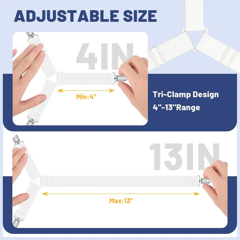 Adjustable Bed Sheet Straps With Elastic Fasteners And Metal Clips Fitted Sheet Corner Holders, 4-13 inch range