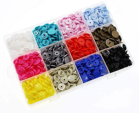 T8 Plastic Snaps Starter Kit For Crafts And Clothing Size 24 No Sew Fasteners 12 Color Assortment in plastic storage case
