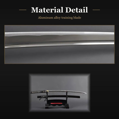 Unsharpened Aluminum Iaido Training Sword For Safe Practice 28.3 Inch Katana showing material detail and full view on stand