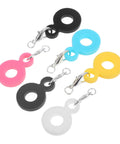 Six Colorful Straw Charm Covers Set For Cups And Parties displaying five silicone snap-on charms in assorted colors with clips.