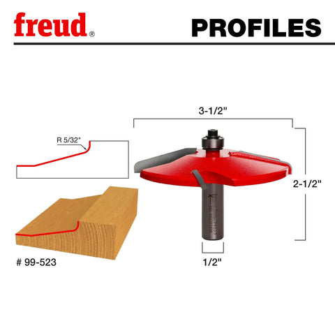 Raised Panel Router Bit 3-1/2 Inch Diameter, 1/2 Inch Shank, 5/32 Inch Large Radius, Quadra-Cut shown with wood profile example
