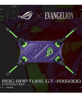 Top view of Rog Rapture GT AX6000 EVA Edition Dual Band WiFi 6 Gaming Router with green light accents on a dark background.