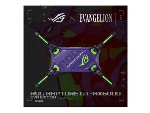Top view of Rog Rapture GT AX6000 EVA Edition Dual Band WiFi 6 Gaming Router with green light accents on a dark background.