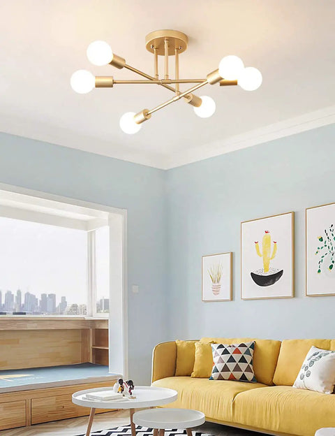 Cool Modern Sputnik Ceiling Chandelier, 6 Light LED Fixture With Included Bulbs, Gold Finish for Bedroom, Dining Room, Kitchen, and Office