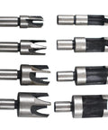Top Shelf Heavy Duty Titanium Coated Wood Plug Hole Cutter Set Packing Eight Badass Dowel Borer Bits, 8pc set of steel bits.