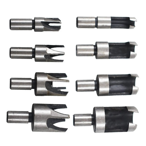 Top Shelf Heavy Duty Titanium Coated Wood Plug Hole Cutter Set Packing Eight Badass Dowel Borer Bits, 8pc set of steel bits.