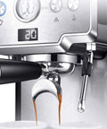 Close-up of espresso shot flowing from a 15 bar semi automatic espresso machine with sleek design.