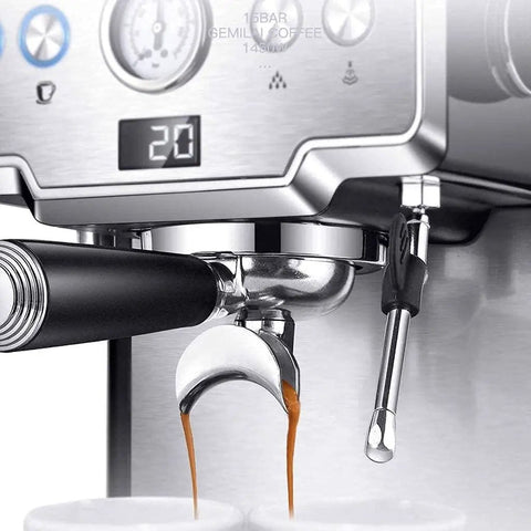 Close-up of espresso shot flowing from a 15 bar semi automatic espresso machine with sleek design.