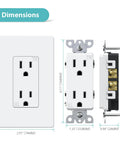 Dimensions of Decorator Receptacle Outlet With Screwless Wall Plate Included For Easy Install 15 Amp 125 Volt Tamper Resistant Electrical Outlet 2 Pole 3 Wire Self Grounding ETL Listed Glossy White 10 Pack Heavy Duty Polycarbonate shown in three views