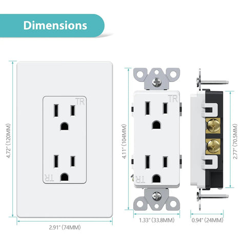 Dimensions of Decorator Receptacle Outlet With Screwless Wall Plate Included For Easy Install 15 Amp 125 Volt Tamper Resistant Electrical Outlet 2 Pole 3 Wire Self Grounding ETL Listed Glossy White 10 Pack Heavy Duty Polycarbonate shown in three views